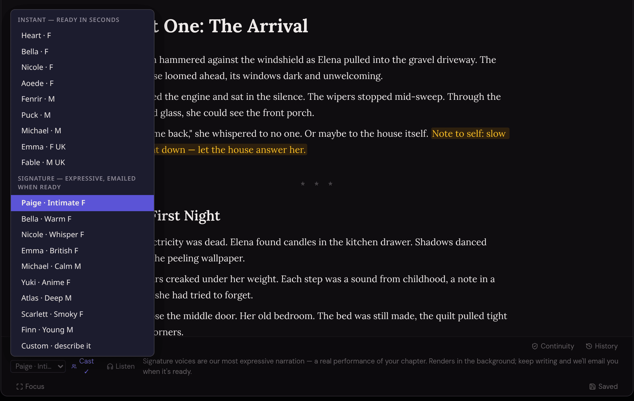 The audiobook voice picker showing Instant and Signature voice groups