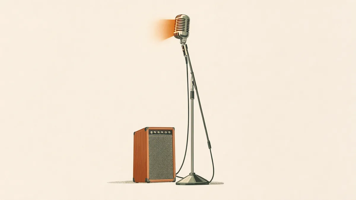 Illustration: A vintage microphone on a stand, its grille glowing amber, beside a small wooden speaker cabinet.