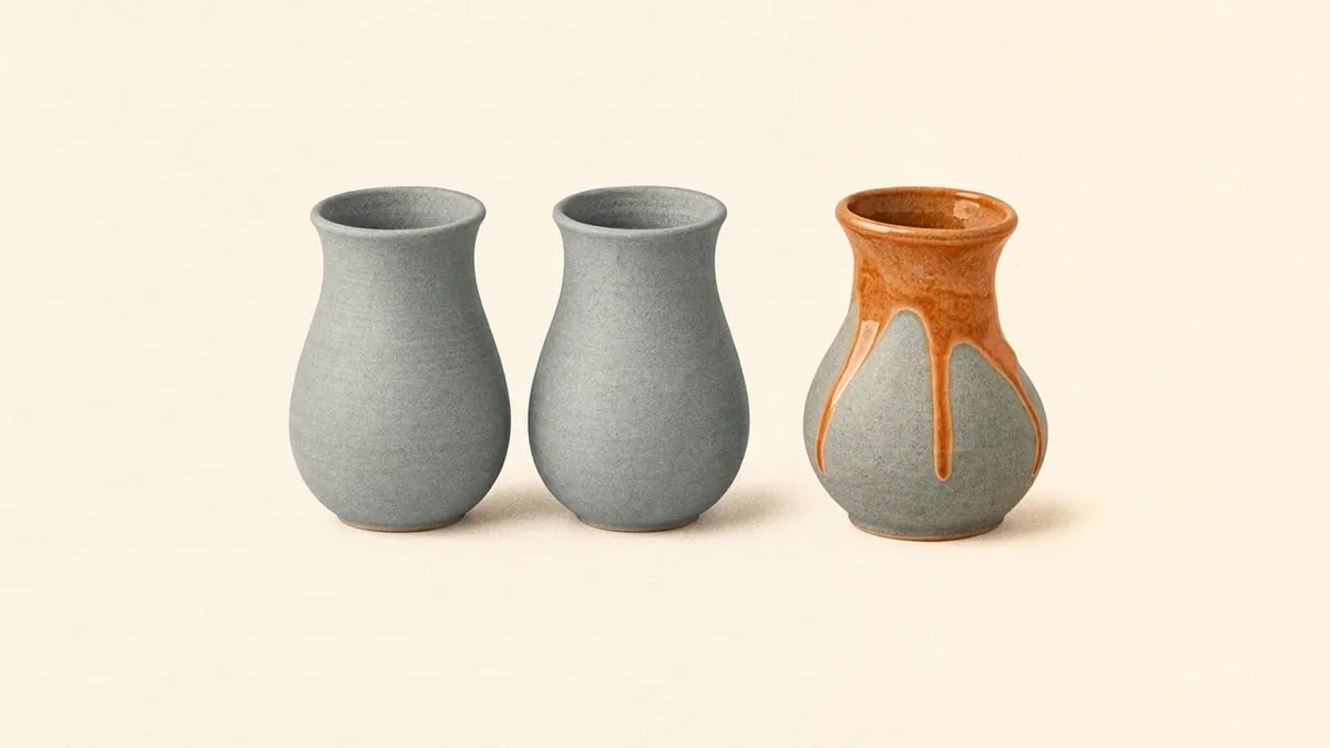 Illustration: Two identical gray ceramic vessels next to one uniquely warped vessel glowing with amber glaze.
