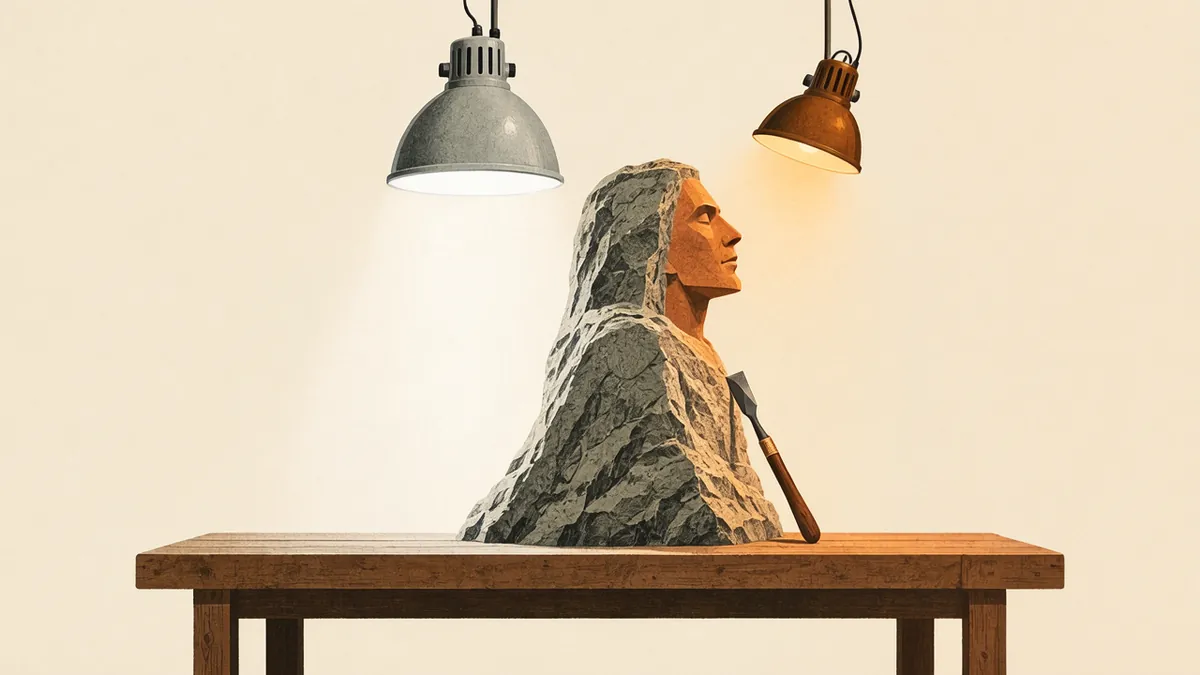 Illustration: A half-carved stone figure on a workbench lit by a big cool work lamp and a small warm amber lamp.