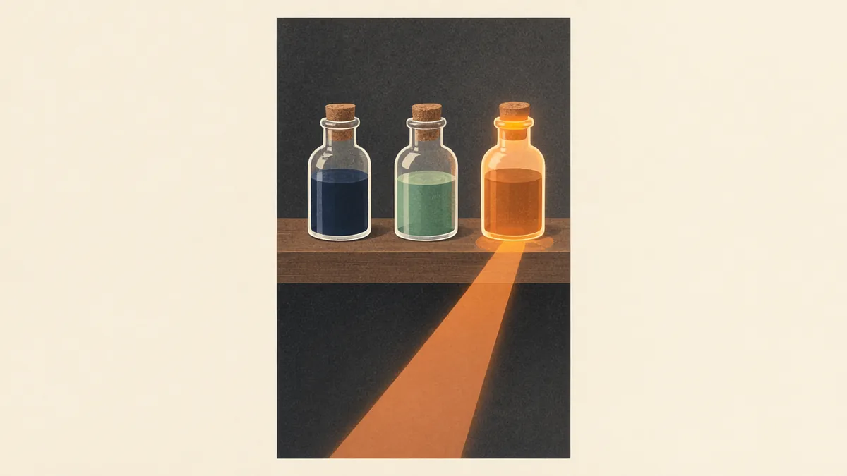 Illustration: three corked bottles on a shelf; the amber one glows from behind, casting a bright beam of light.