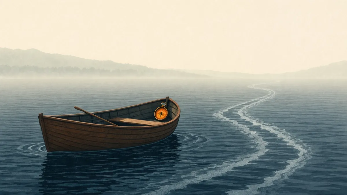 Illustration: a lone rowboat on calm water with a long wake to the horizon, an amber-glowing compass at the bow.