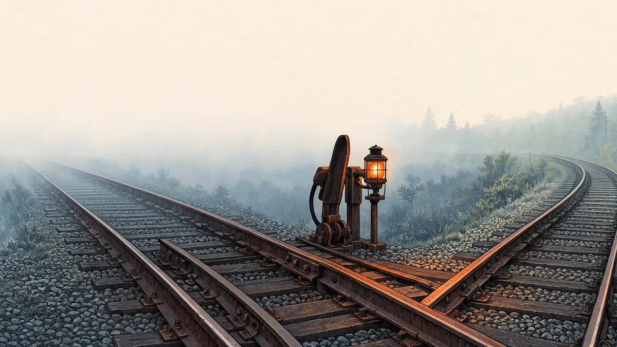 Illustration: a railway switch at a track fork in mist, an amber kerosene signal lamp lighting one route.