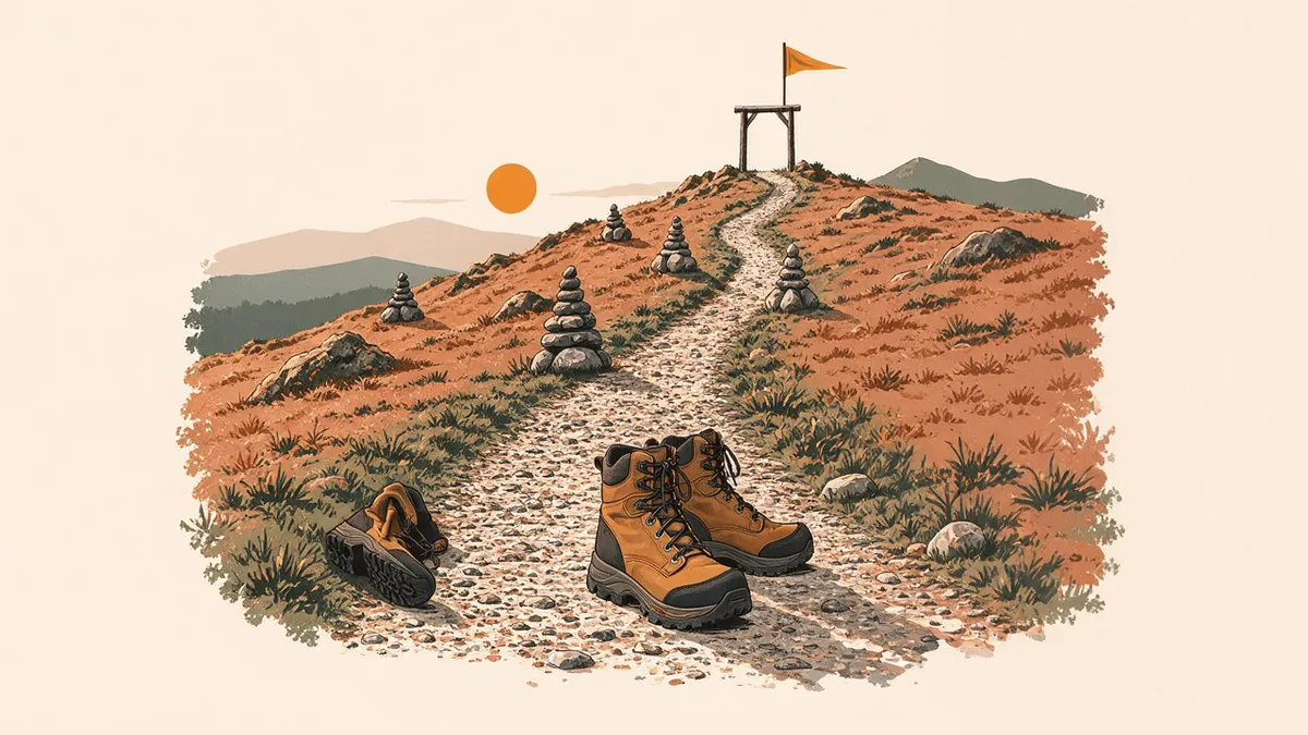 Illustration: Worn hiking boots on a winding hillside trail past stone cairns toward an arched gate flying an amber pennant.