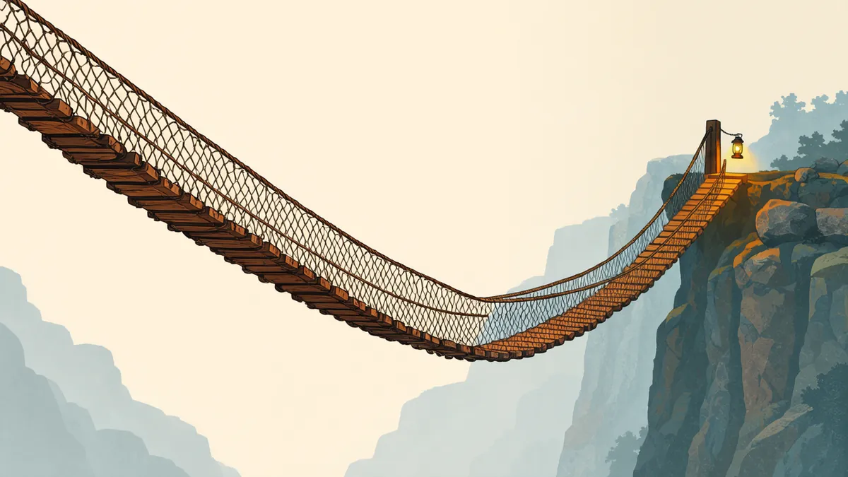 Illustration: Sagging rope bridge crossing a foggy ravine, amber lantern glowing at the far anchor post.