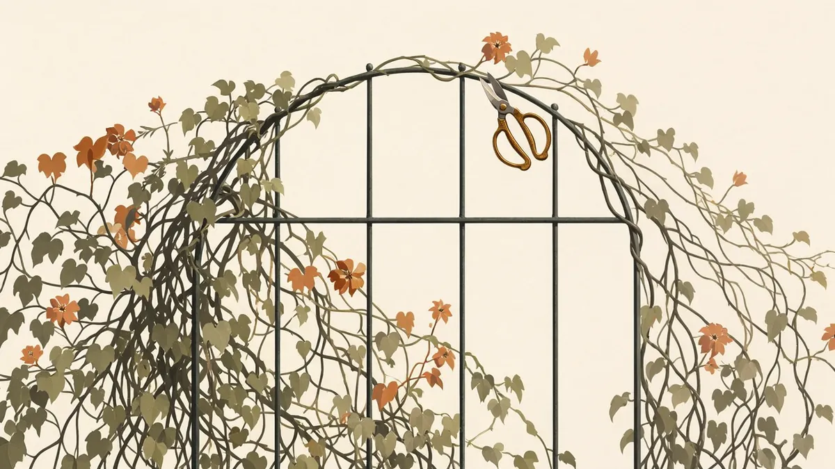 Illustration: Wild vine overtakes a geometric iron trellis; amber shears rest on one shaped arch.