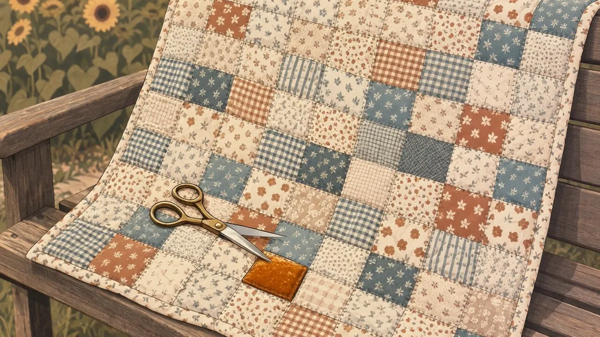 Illustration: A patchwork quilt of varied patterned blocks on a wooden bench with scissors beside one amber block.