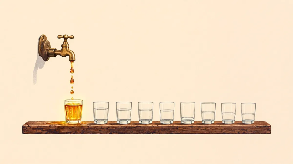 Illustration: A brass spigot drips single golden drops into a row of glass tumblers, the nearest one glowing full.