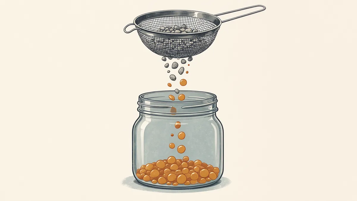 Illustration: A sieve strains gray pebbles as golden drops fall into a glass jar glowing amber below.