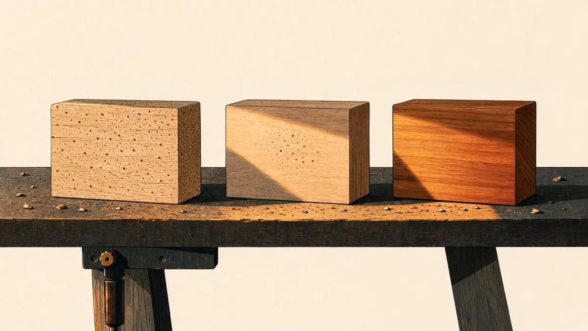Illustration: three wooden blocks from rough to polished on a bench, angled amber light revealing surface flaws.