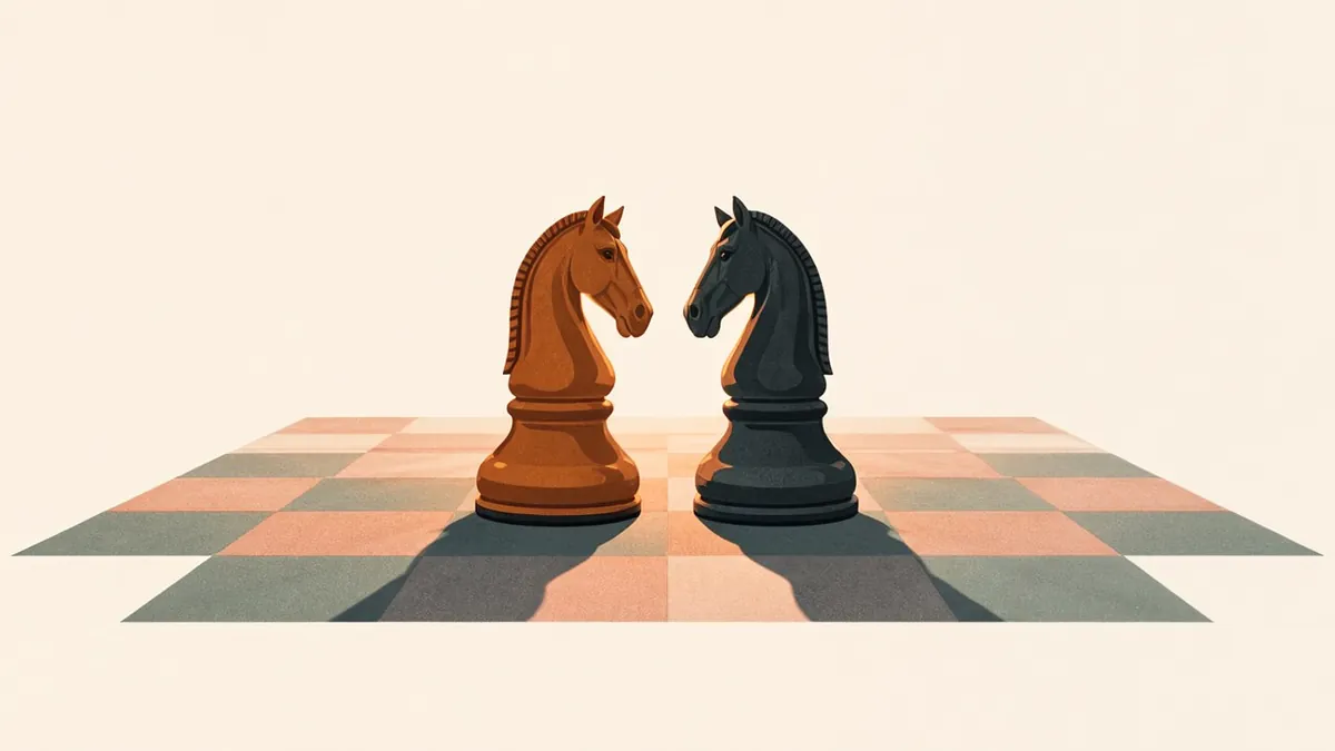 Illustration: An amber knight and a black knight face each other nose to nose on an empty chessboard.