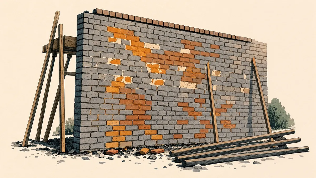 Illustration: A grey brick wall patched with amber bricks, loose scaffold poles leaning on it and lying at its base.