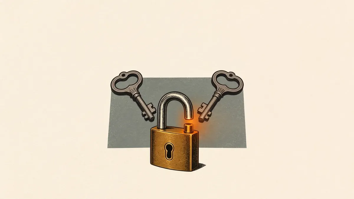 Illustration: An unlocked brass padlock behind two parallel ornate keys, lit by warm amber light.