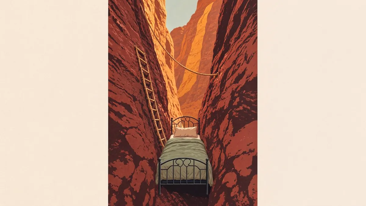 Illustration: An iron bed wedged tightly in a narrow canyon between tall rock walls, lit by amber sunlight.