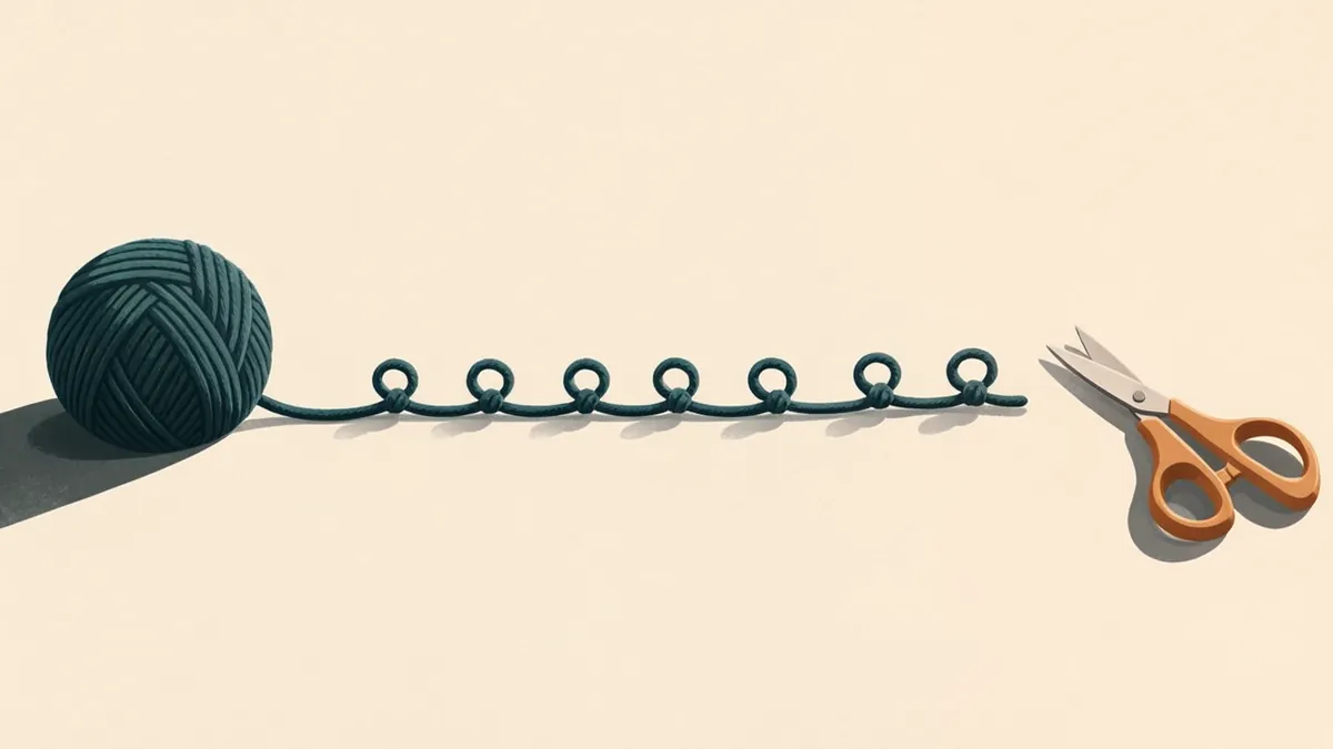 Illustration: A ball of teal yarn unwinding into a row of equal loops that ends at amber-handled scissors.