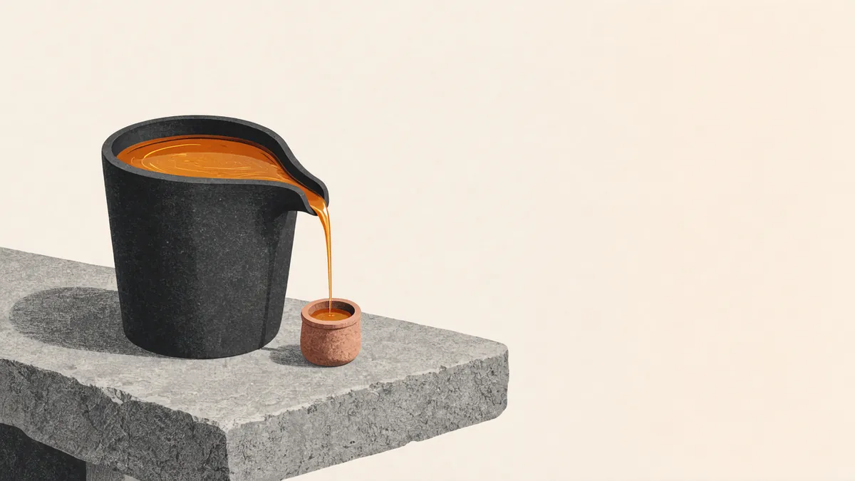Illustration: A tall charcoal vessel pouring amber resin into a tiny clay thimble on a stone shelf