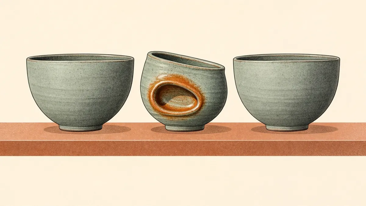 Illustration: two identical ceramic bowls flanking one imperfect hand-thrown vessel glowing amber in its intentional dent.