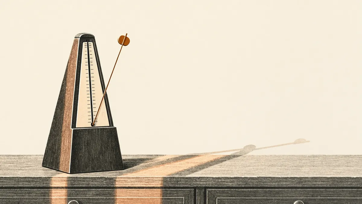 Illustration: A wooden metronome with its arm frozen mid-swing, casting a long shadow across a desk in amber light.