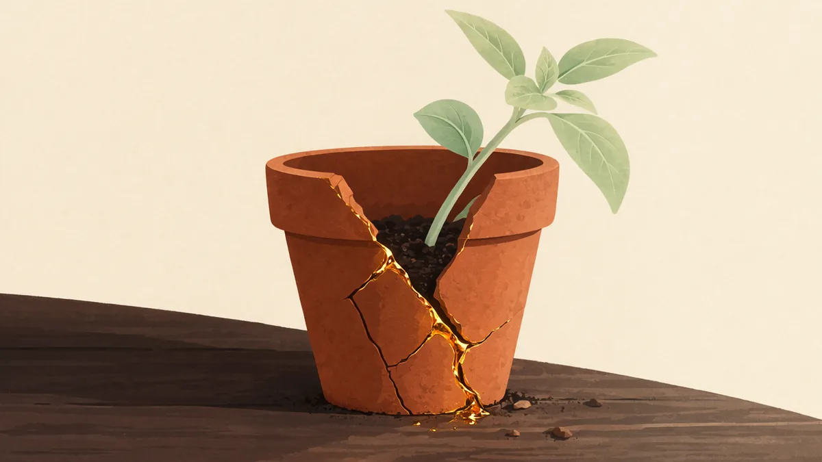 Illustration: A cracked terracotta pot repaired with a glowing gold seam holds a green seedling in soft light.