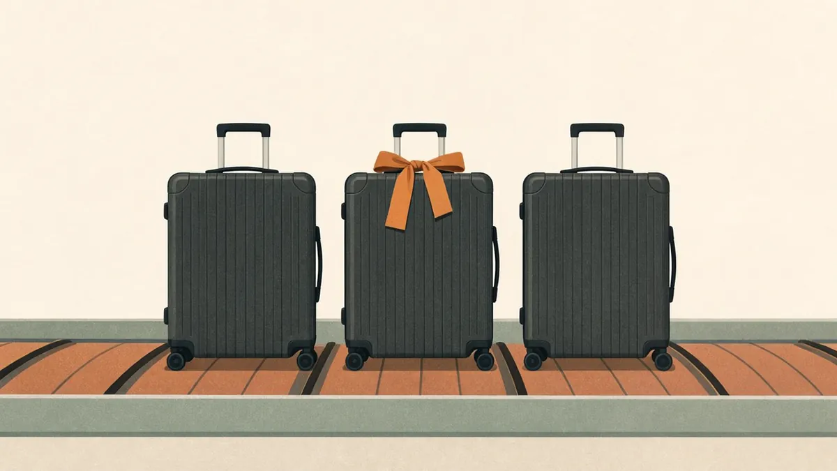 Illustration: Three identical dark suitcases on a baggage carousel, the middle one tied with an amber ribbon.