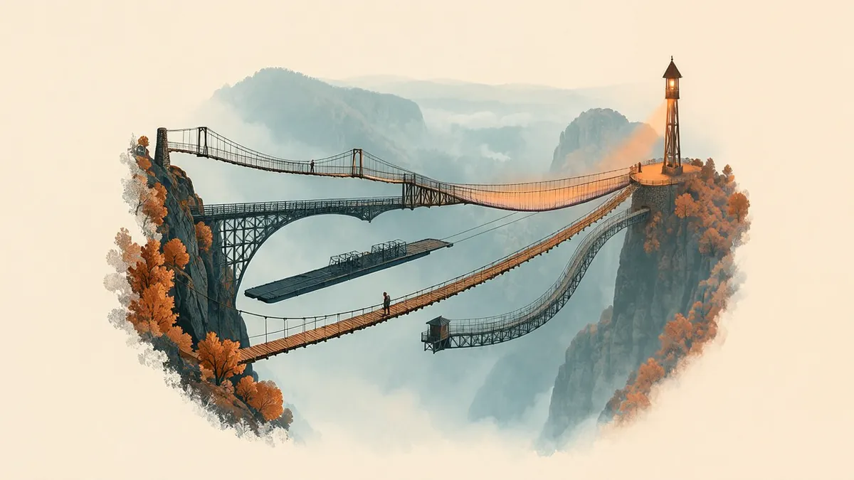 Illustration: Several different bridges cross a misty gorge and all lead to one cliff with an amber-lit lantern tower.