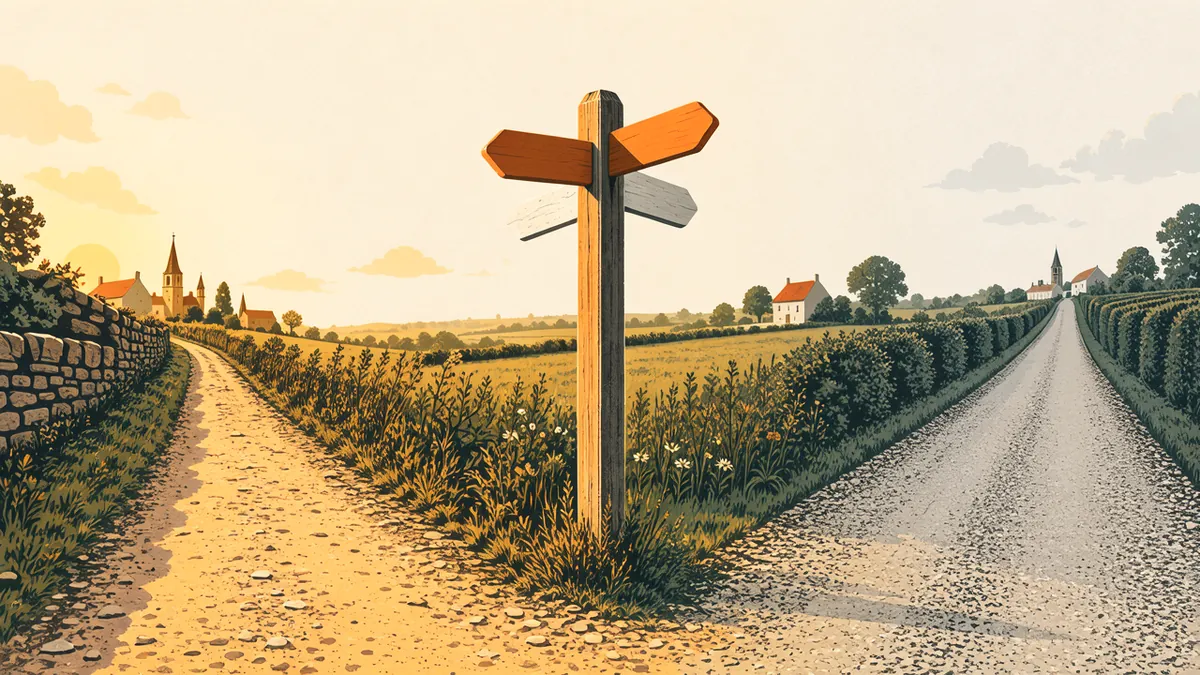 Illustration: A country trail splitting in two at a wooden signpost with blank amber arms, villages in the distance.