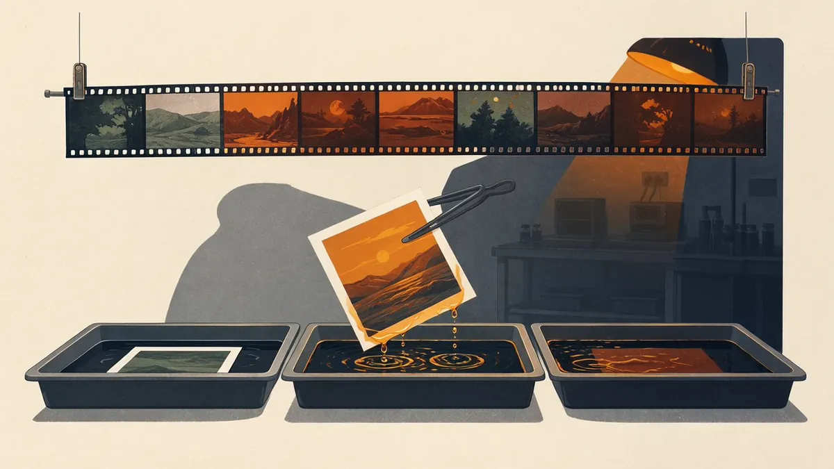 Illustration: Darkroom trays in a row, tongs lifting an amber print from the middle tray, a film strip hung above.
