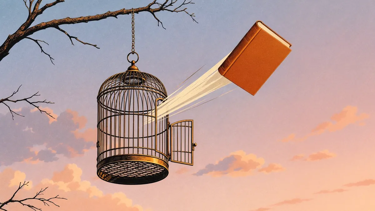 Illustration: a blank hardback book flying up from an open hanging birdcage at dusk, lit amber by sunset.