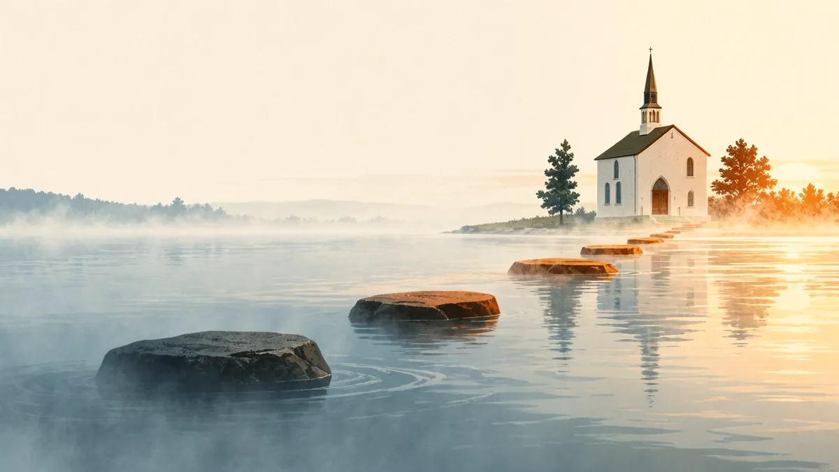 Illustration: Stepping stones cross misty water toward a distant chapel, amber dawn light on the farthest stone.
