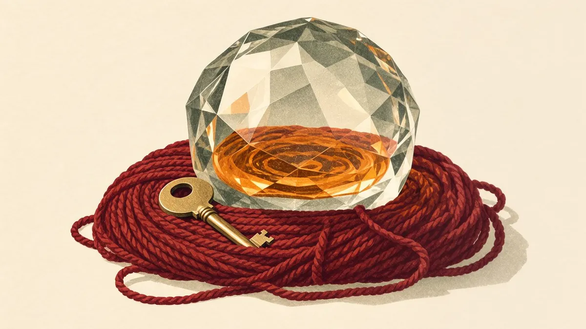 Illustration: a glass paperweight bends a brass key resting on red yarn, the key visible but distorted under warm amber.