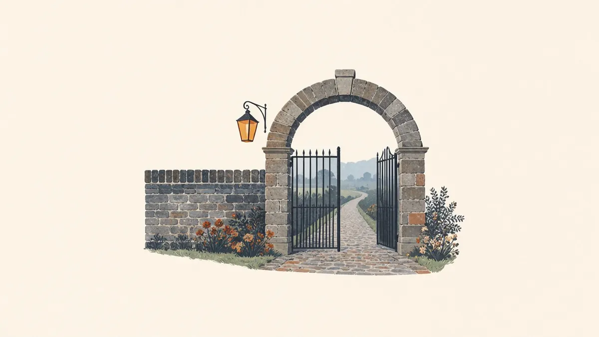 Illustration: open stone garden arch with a path continuing past it toward mist, lit by an amber lantern.