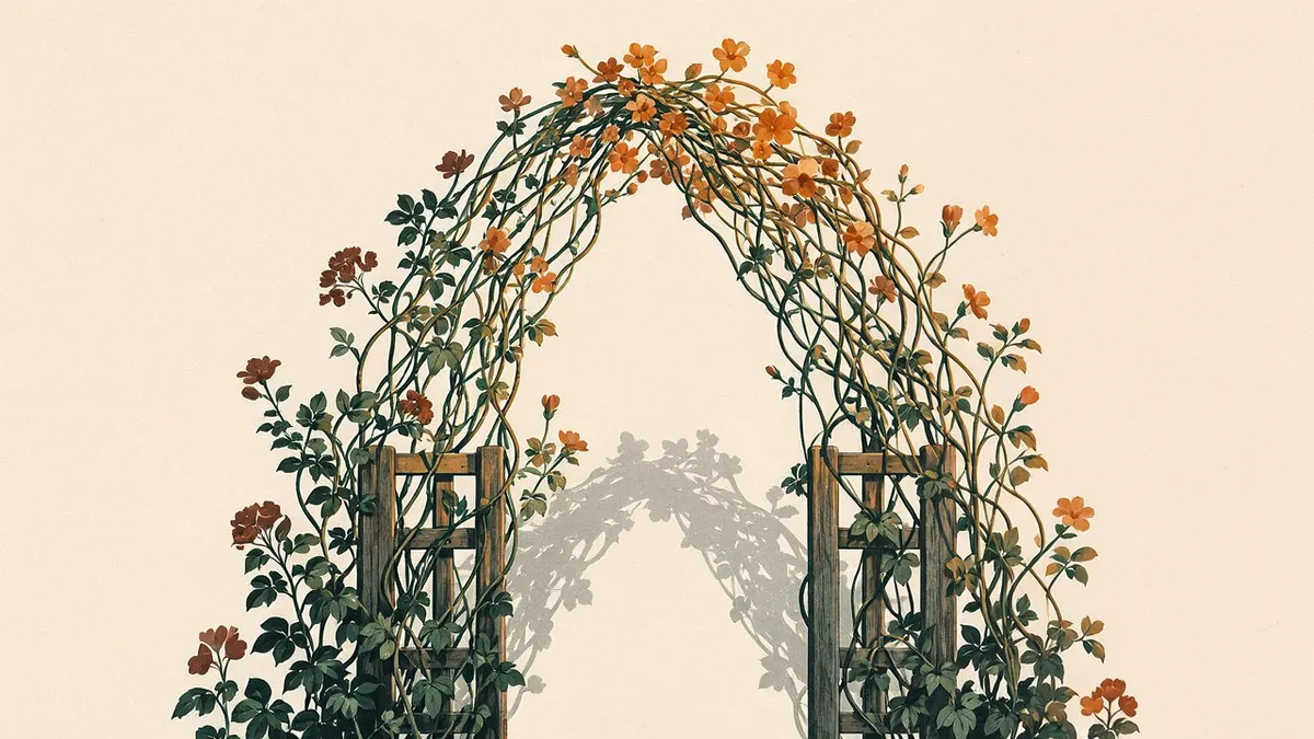 Illustration: Two flowering vines climb either side of a wooden garden arch and meet at the top.