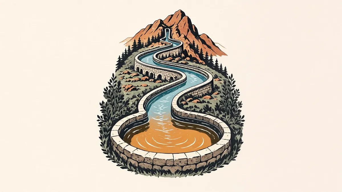 Illustration: glass aqueduct winding through sculpted hills, water glowing, ending in an amber-lit basin.