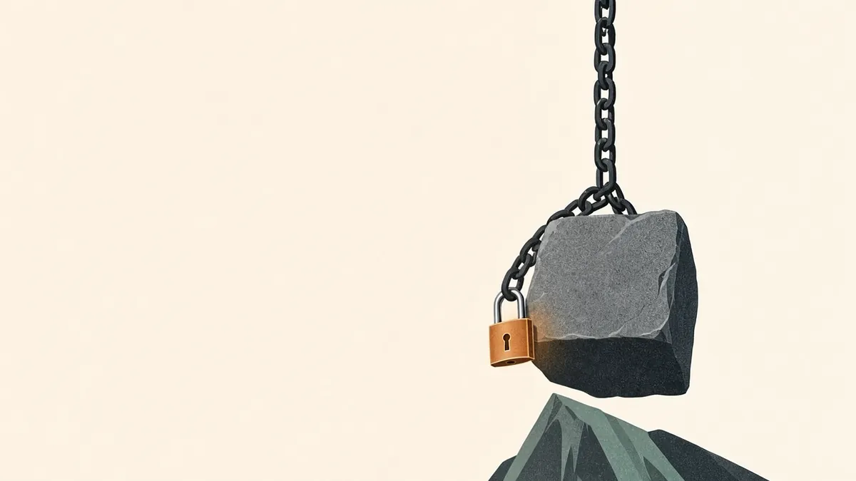 Illustration: a heavy stone block hangs from a chain, held by an open amber padlock.