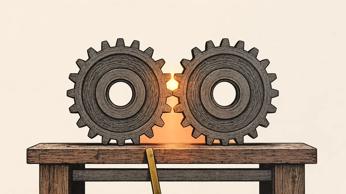 Illustration: two wooden gears with teeth misaligned, a brass shim nearby, amber light glowing in the gap between them.