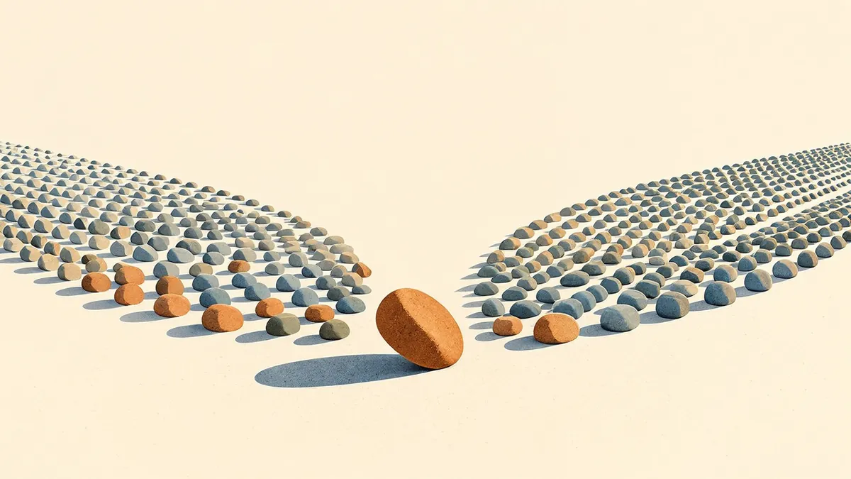 Illustration: rows of standing pebbles on pale sand fan into two paths from one amber pivot stone caught mid-topple.