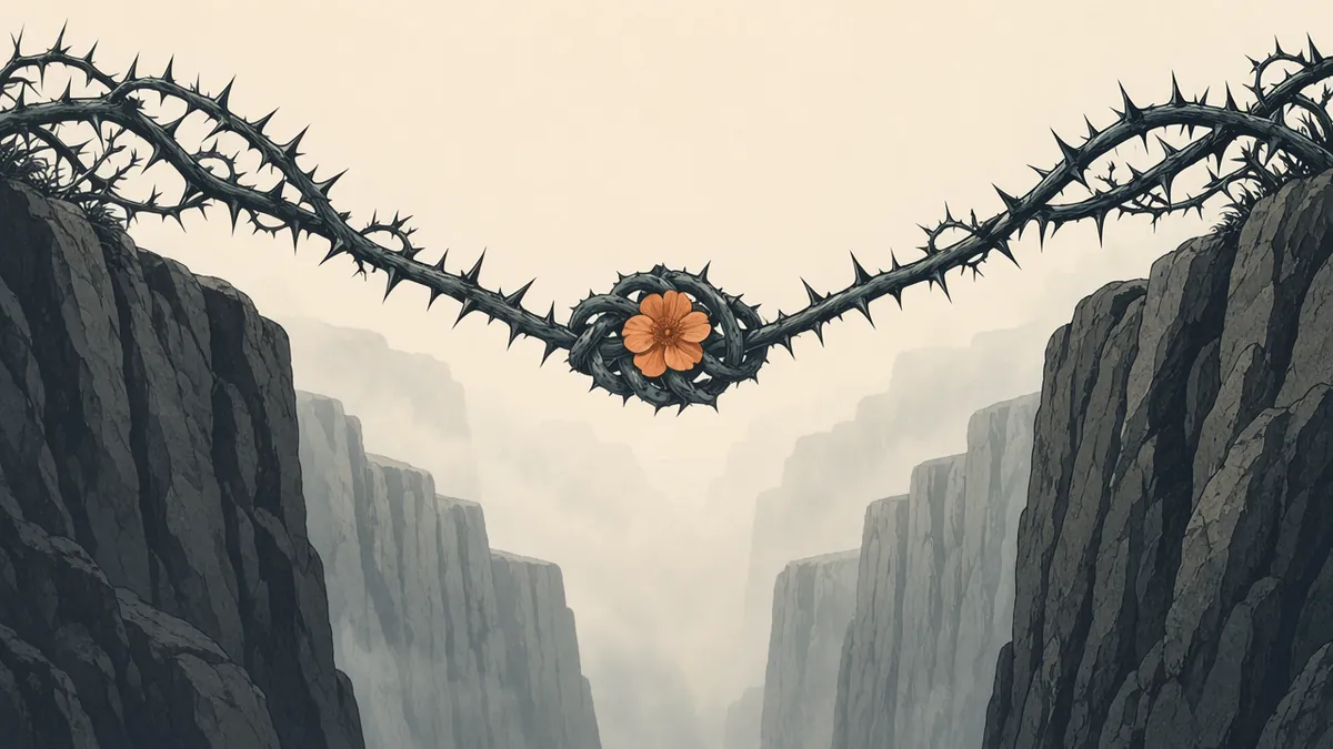 Illustration: Two thorny vines from opposing cliffs knot together over a crevasse, holding an amber blossom.