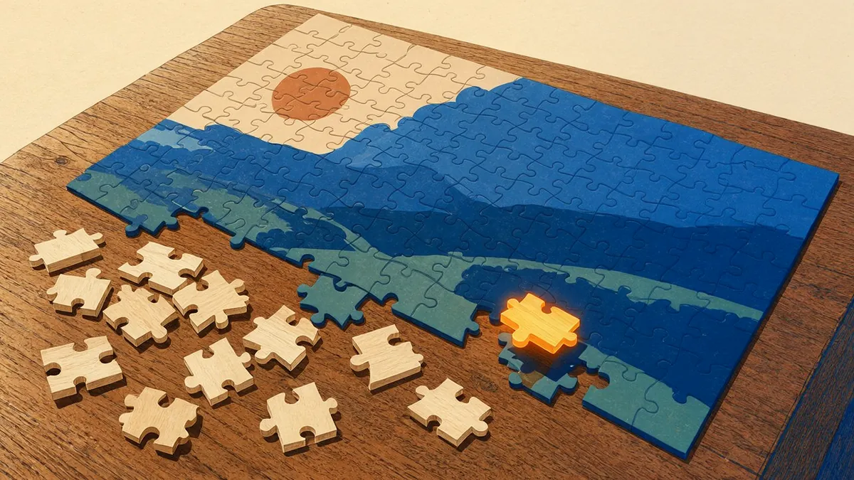 Illustration: A glowing amber piece slotting into a blue landscape jigsaw, loose pale pieces on a wooden table.