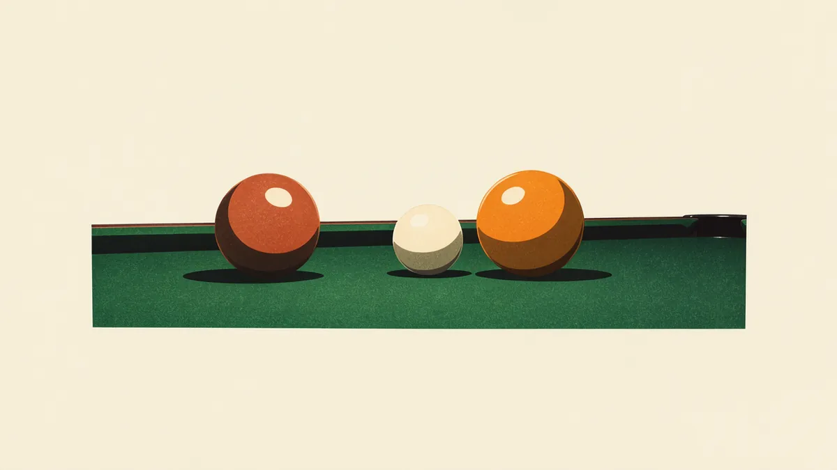 Illustration: Two billiard balls angled toward each other on green felt, cue ball between, one lit amber.
