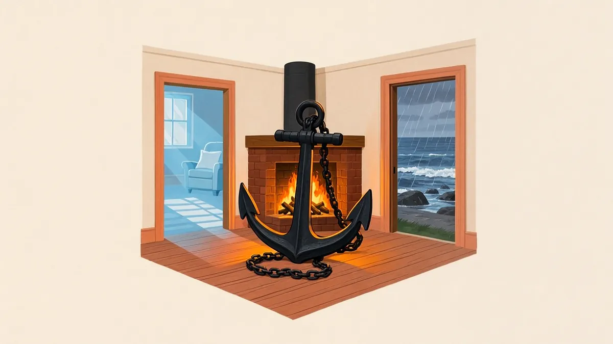 Illustration: An iron anchor rests by a glowing hearth in a room with two open doors, rain and sea outside one.