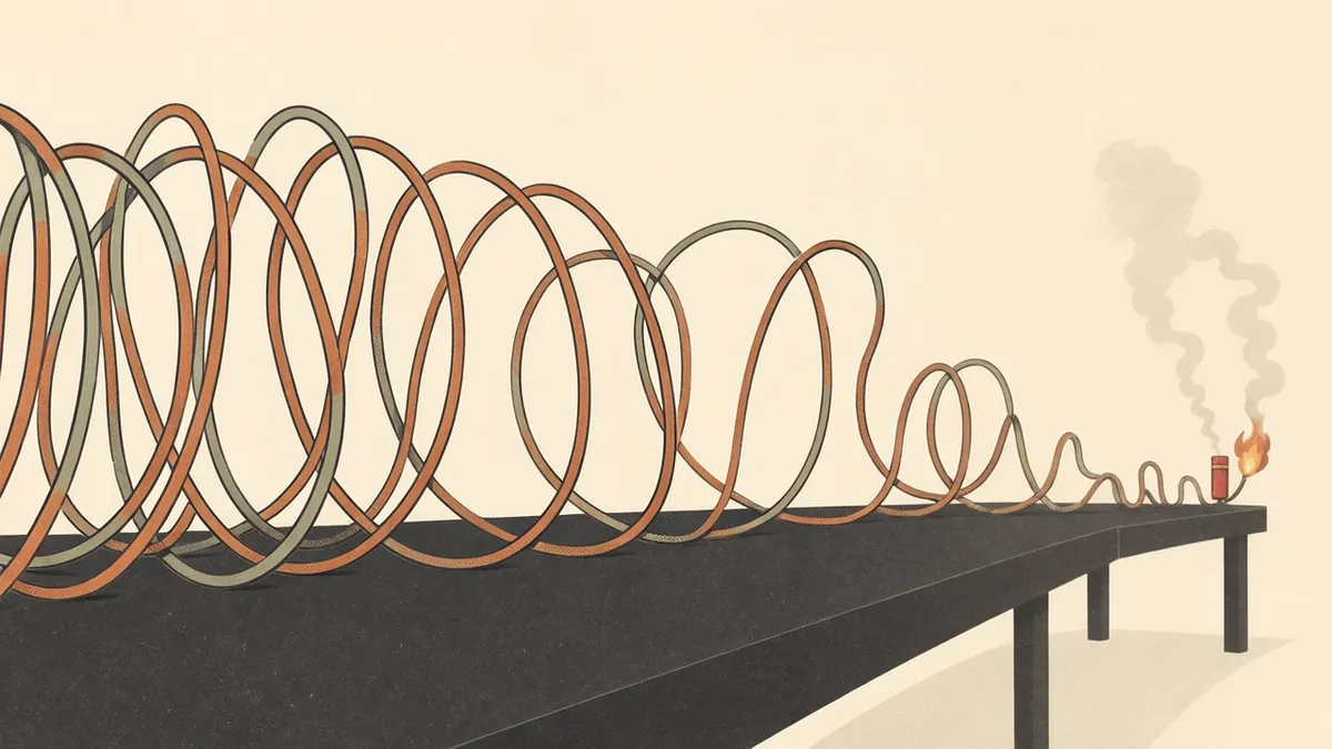 Illustration: A long fuse loops in slow coils across a dark table toward one small lit firecracker.