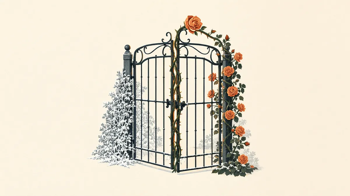 Illustration: iron garden gates bound shut by a thorn vine blooming with one amber rose in twilight.