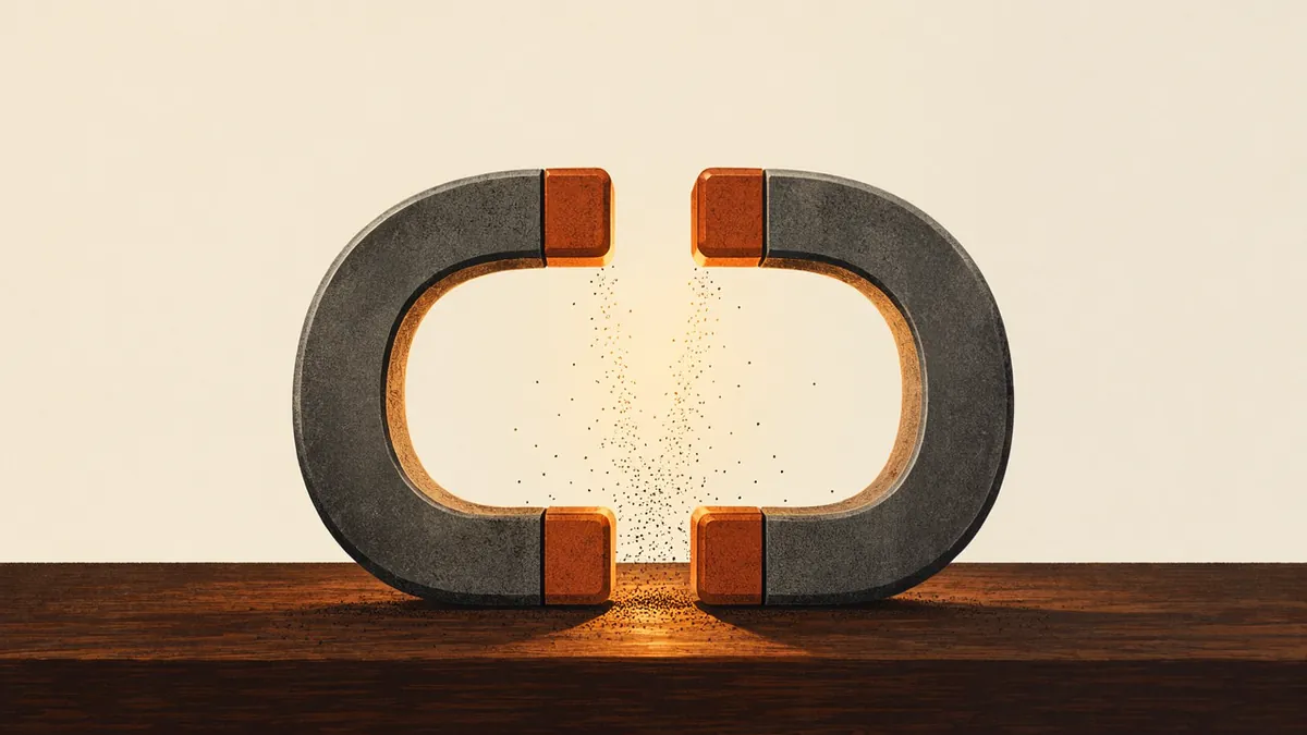 Illustration: Two horseshoe magnets almost touching, a warm amber glow and iron filings in the narrow gap.