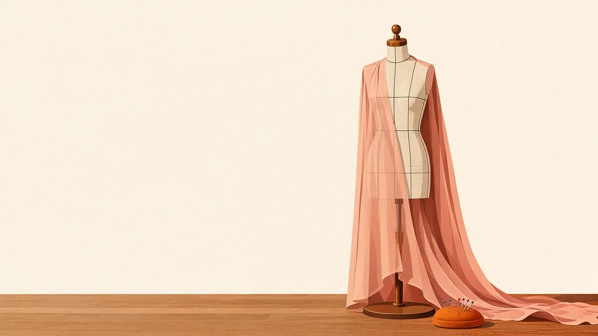 Illustration: draped silk over a dress form showing structural seams beneath, with a pin cushion nearby in amber light.