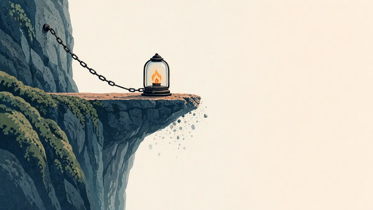 Illustration: Glass lantern on crumbling ledge over mist, tethered by slack iron chain, glowing amber