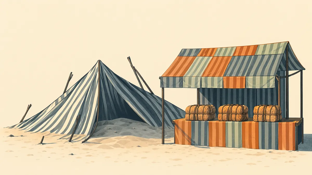 Illustration: A collapsed striped tent beside a small market stall built from the same striped fabric, goods on display.