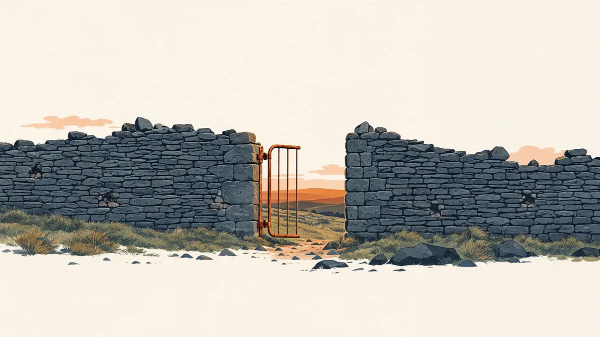Illustration: iron gate hangs loose on a stone moorland wall as amber light shines through the gap.