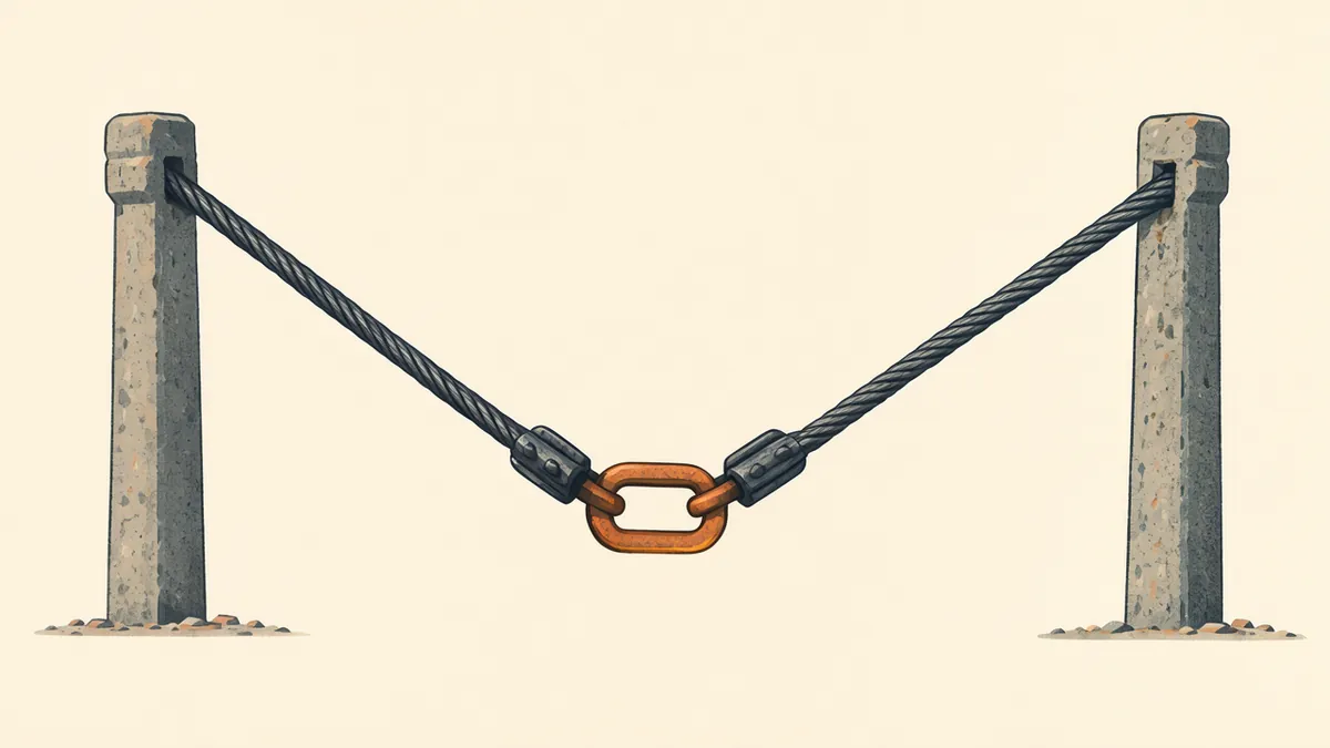 Illustration: Two sagging cables clamped by an amber iron ring at their lowest dip.