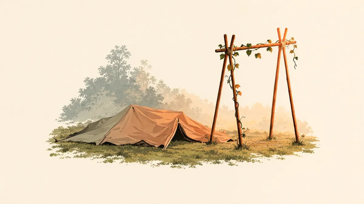 Illustration: A collapsed tent beside its three poles re-rigged as a trellis, a vine climbing, amber light on the joint.