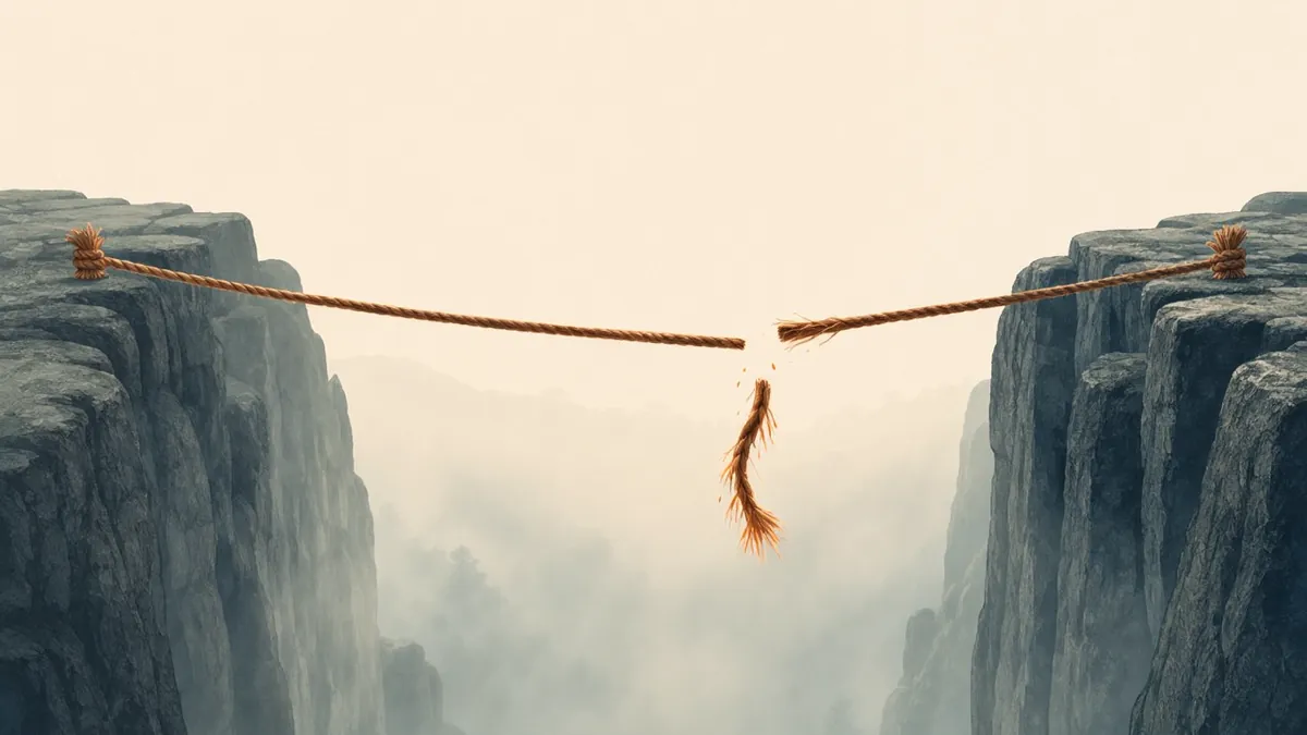 Illustration: a severed taut rope spanning two stone ledges, its frayed cut end hanging midair in amber-lit fog.